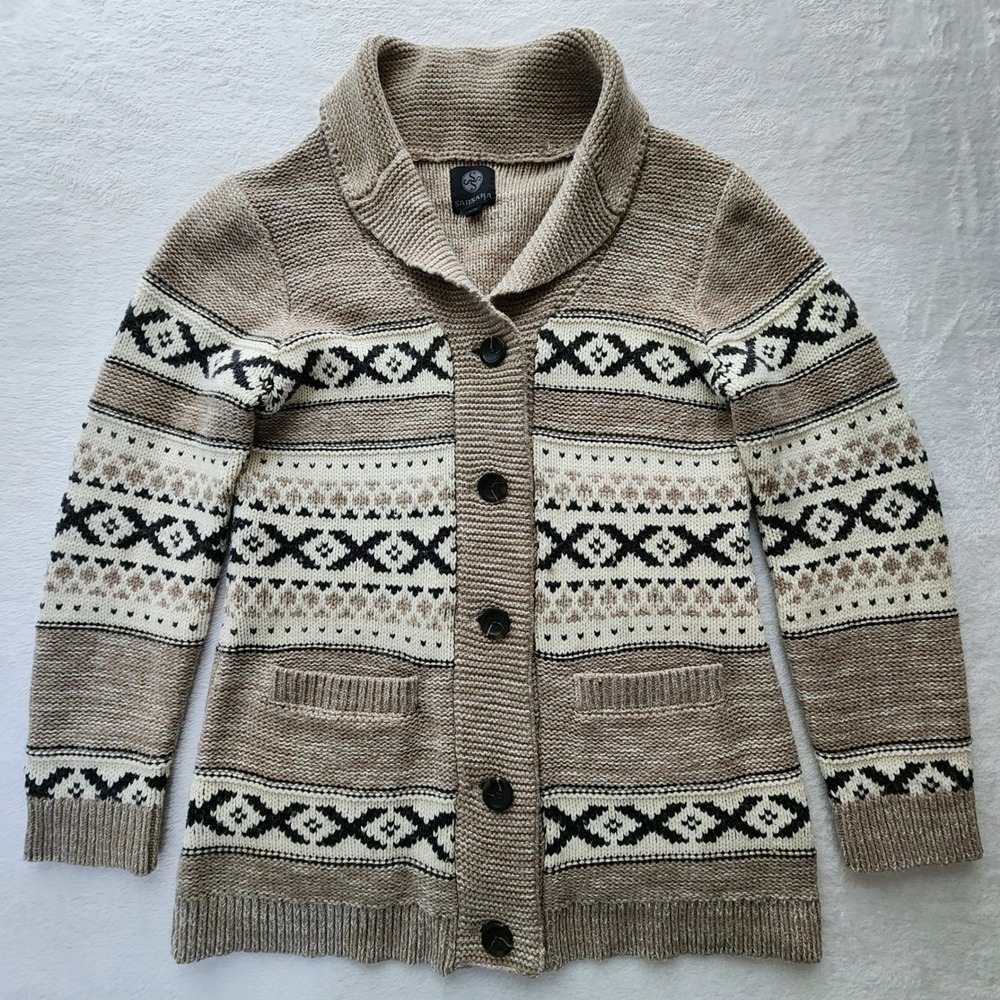 Shawl Collar Button-Front Fair Isle Sweater Cardigan - Beige/Cream